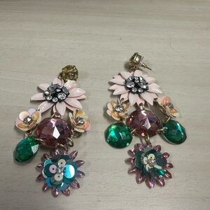 J. Crew Pink, Green & Gold Floral Chandelier Earrings